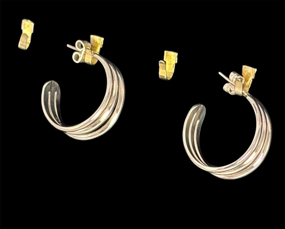 950 Sterling Silver Triple Wave Hoop Earrings 10.7g Modernist Peru NOS Unworn